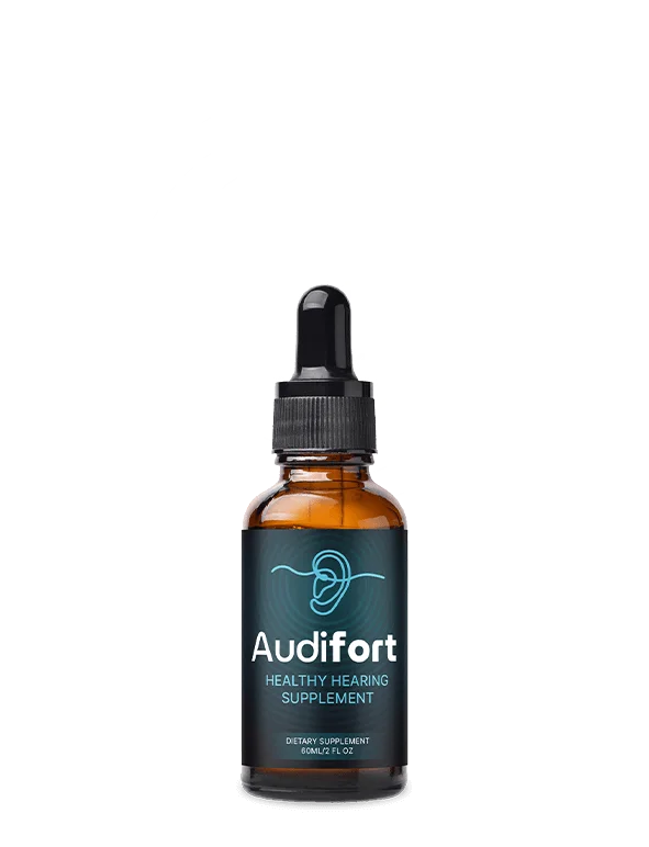 A 60ml amber dropper bottle of Audifort hearing support supplement