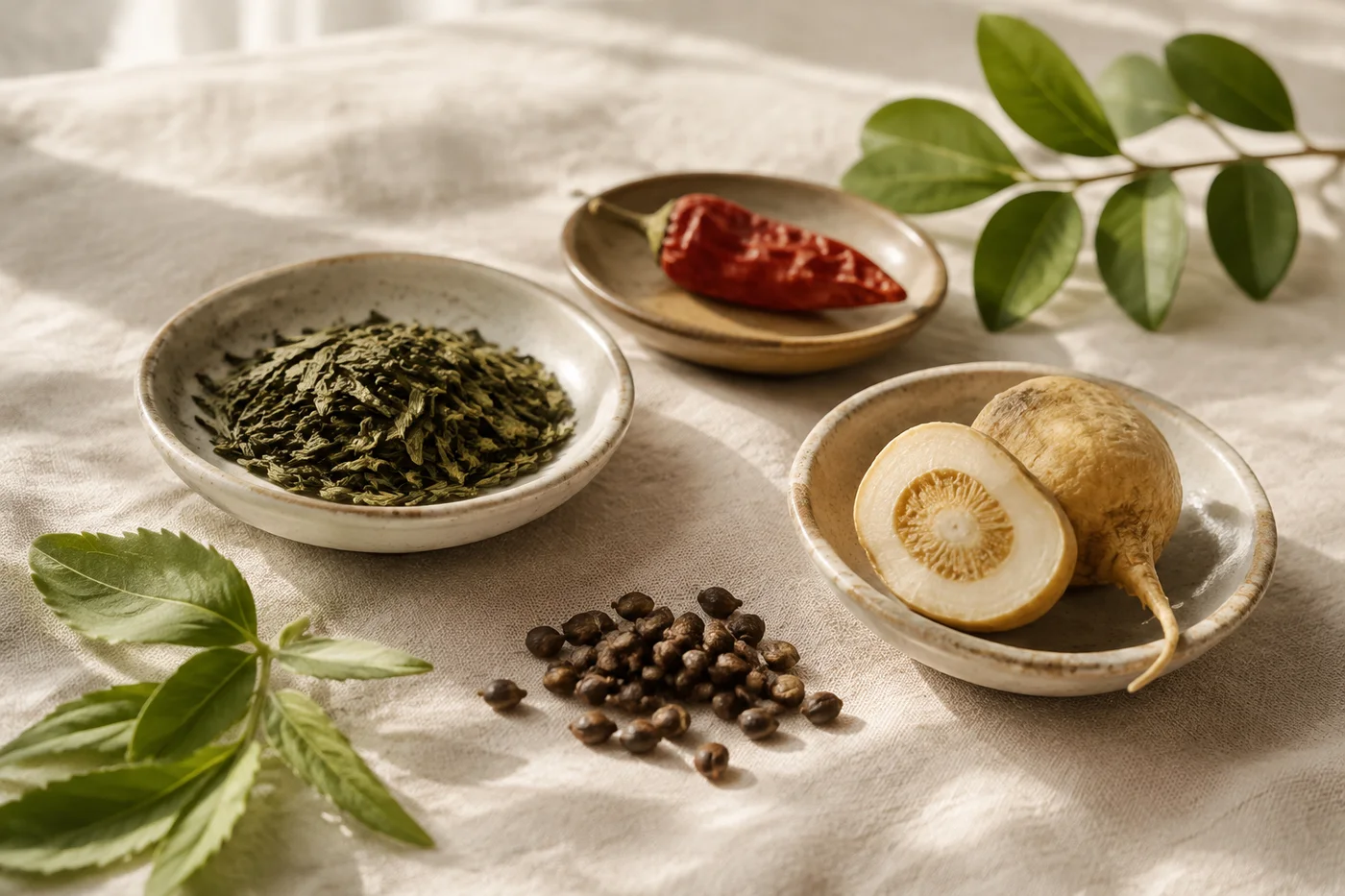 Loose botanical ingredients in small ceramic dishes: green tea leaves, grape seeds, maca root and dried capsicum