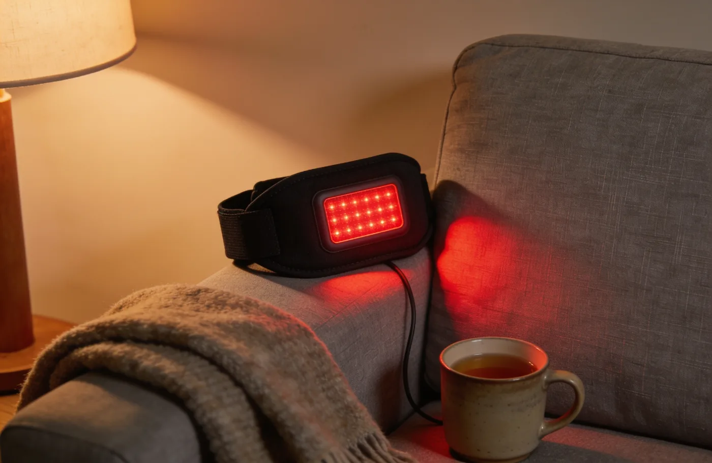 The Lumaro Recovery Belt resting on a sofa arm in the evening, its red LEDs lit