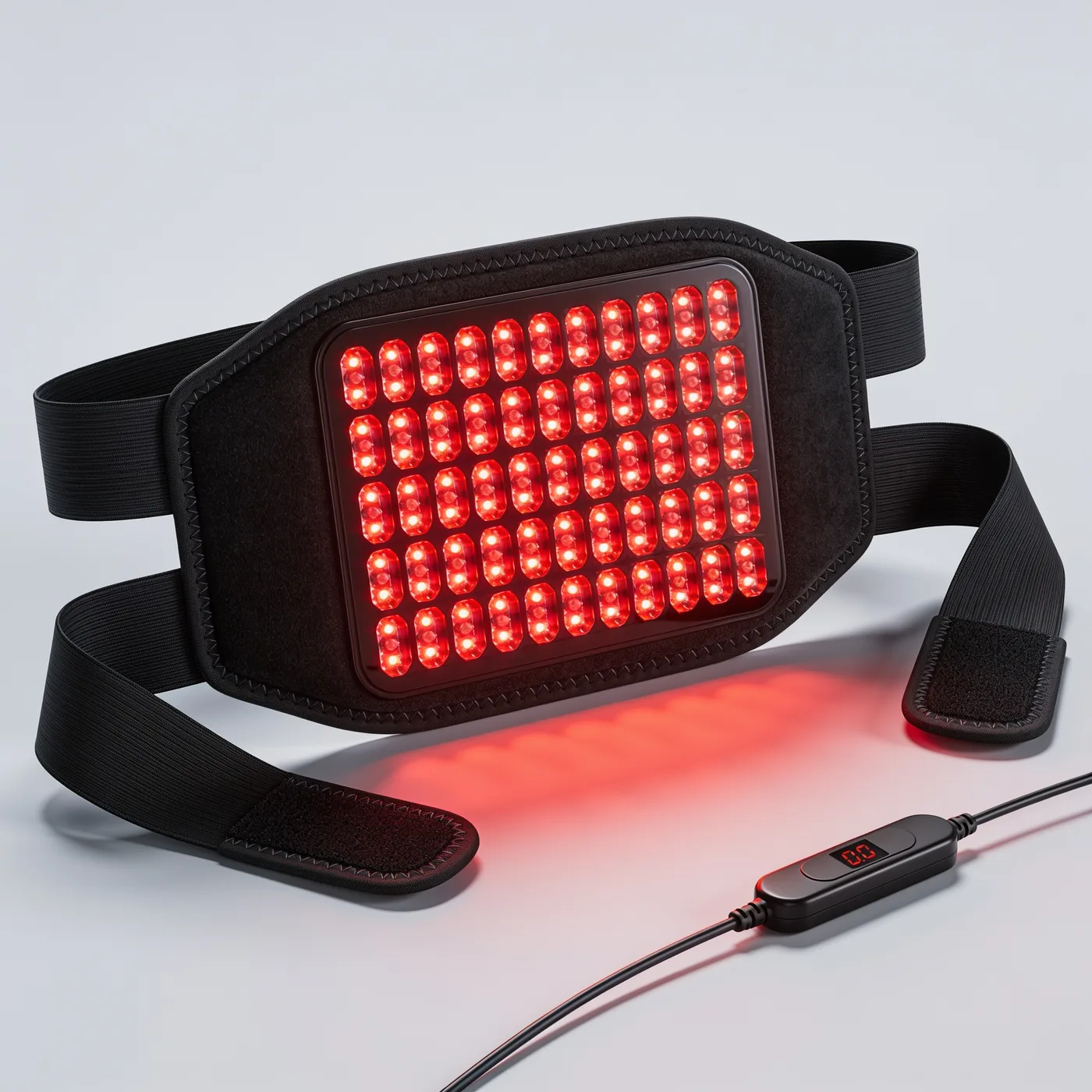 The Lumaro Recovery Belt, a black belt with a panel of red LEDs